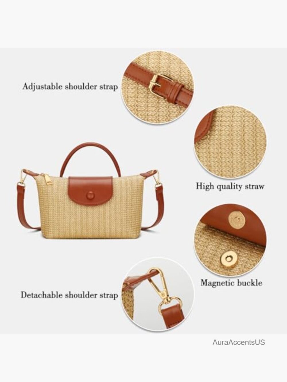 Mini Straw Crossbody Handbag Summer Beach Bag Woven Purse - Picture 5 of 7